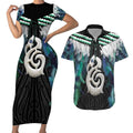 Aotearoa Korowai Motif Couples Matching Short Sleeve Bodycon Dress and Hawaiian Shirt Hei Manaia Poutama Maori Pattern