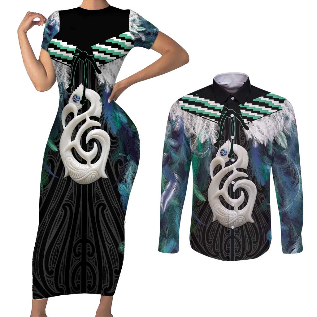 Aotearoa Korowai Motif Couples Matching Short Sleeve Bodycon Dress and Long Sleeve Button Shirt Hei Manaia Poutama Maori Pattern