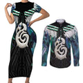 Aotearoa Korowai Motif Couples Matching Short Sleeve Bodycon Dress and Long Sleeve Button Shirt Hei Manaia Poutama Maori Pattern