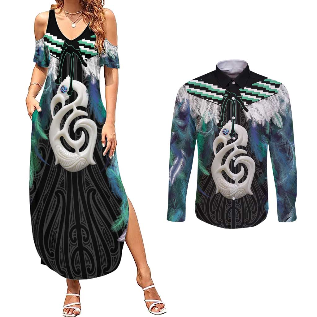 Aotearoa Korowai Motif Couples Matching Summer Maxi Dress and Long Sleeve Button Shirt Hei Manaia Poutama Maori Pattern