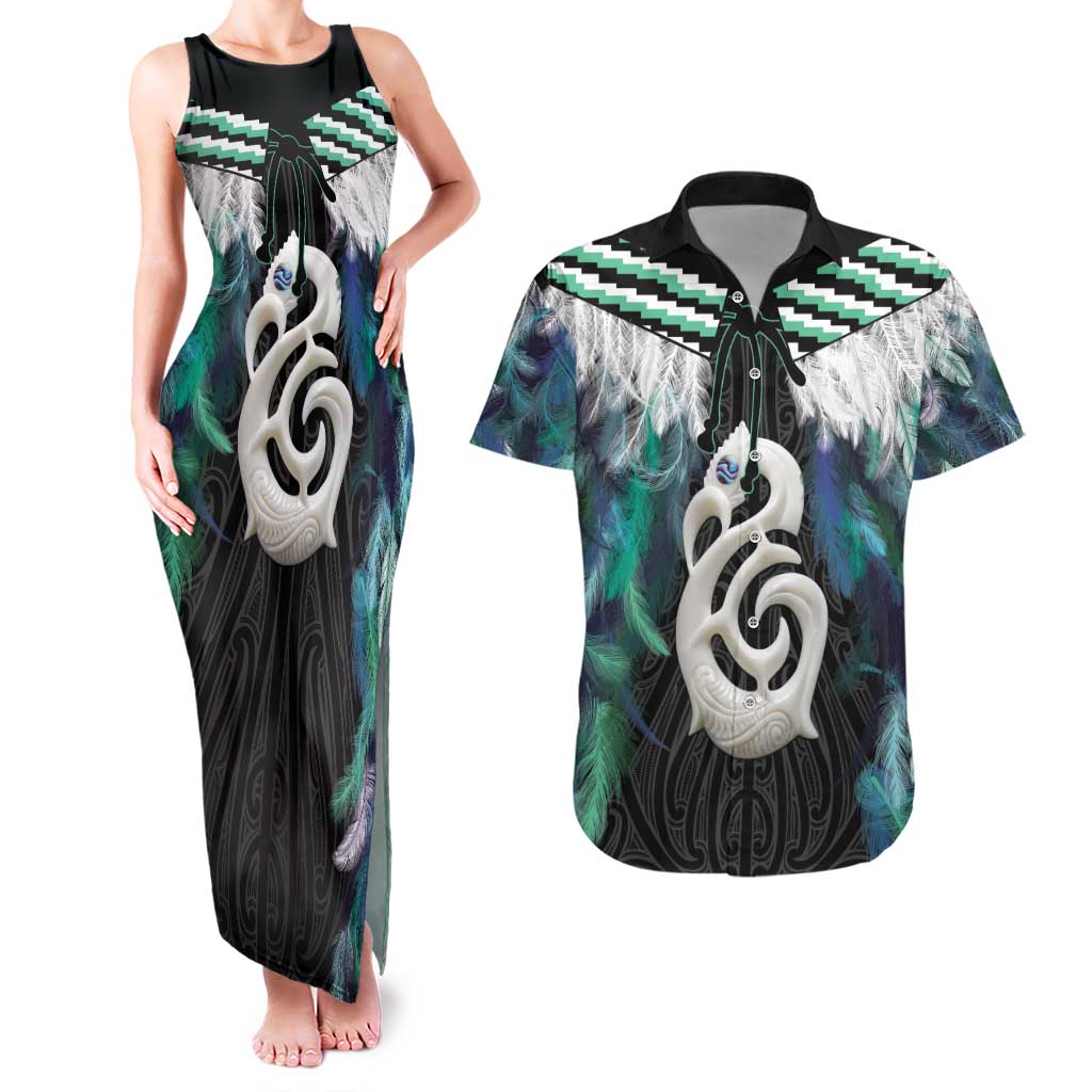 Aotearoa Korowai Motif Couples Matching Tank Maxi Dress and Hawaiian Shirt Hei Manaia Poutama Maori Pattern