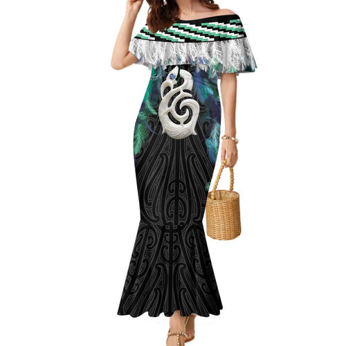 Aotearoa Korowai Motif Family Matching Mermaid Dress and Hawaiian Shirt Hei Manaia Poutama Maori Pattern
