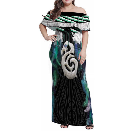 Aotearoa Korowai Motif Family Matching Off Shoulder Maxi Dress and Hawaiian Shirt Hei Manaia Poutama Maori Pattern
