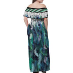 Aotearoa Korowai Motif Family Matching Off Shoulder Maxi Dress and Hawaiian Shirt Hei Manaia Poutama Maori Pattern