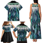 Aotearoa Korowai Motif Family Matching Tank Maxi Dress and Hawaiian Shirt Hei Manaia Poutama Maori Pattern