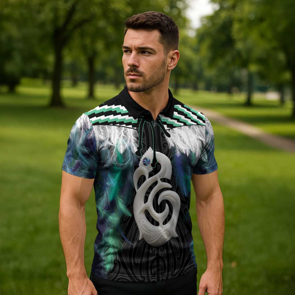 Aotearoa Korowai Motif Zipper Polo Shirt Hei Manaia Poutama Maori Pattern - Aussie Hoodie