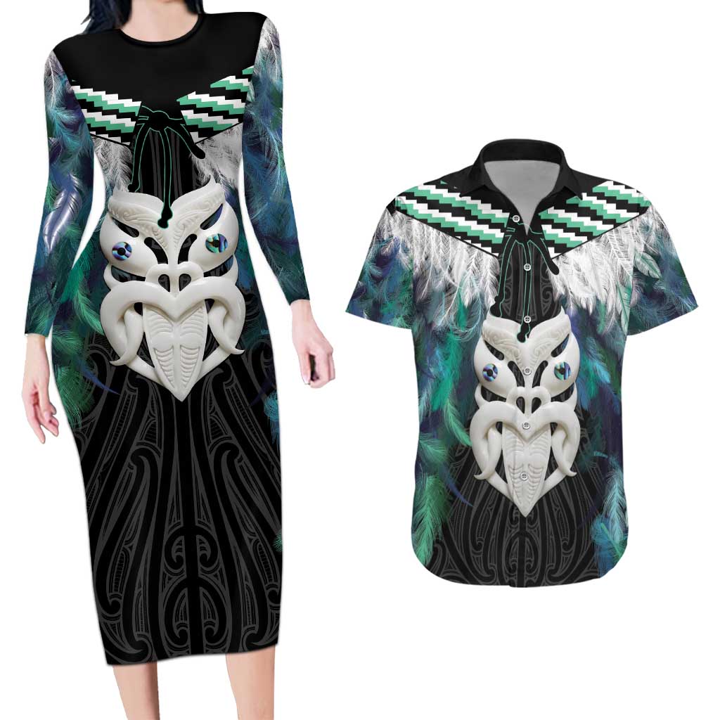 Aotearoa Korowai Motif Couples Matching Long Sleeve Bodycon Dress and Hawaiian Shirt Maori Wheku Poutama