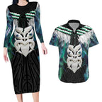 Aotearoa Korowai Motif Couples Matching Long Sleeve Bodycon Dress and Hawaiian Shirt Maori Wheku Poutama