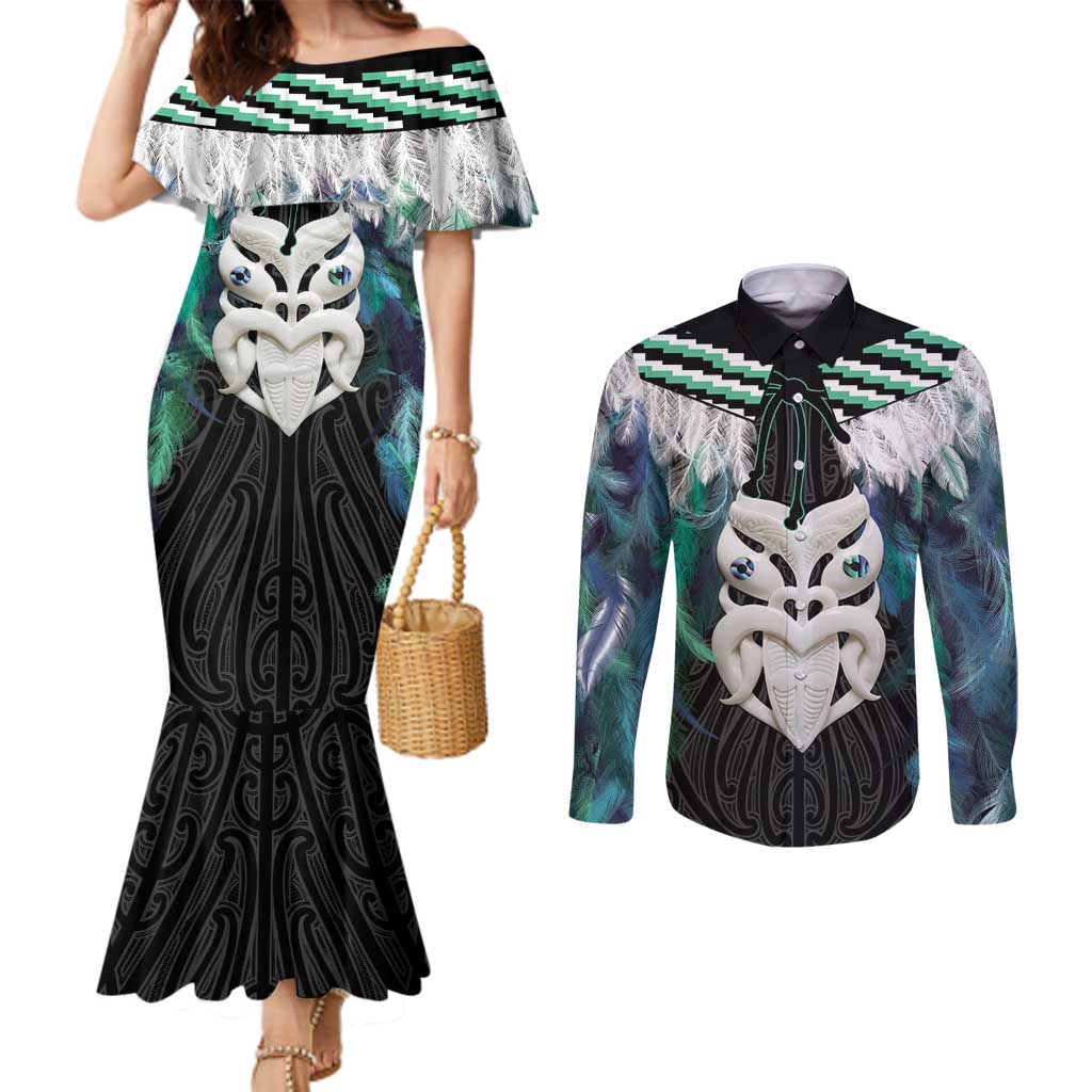 Aotearoa Korowai Motif Couples Matching Mermaid Dress and Long Sleeve Button Shirt Maori Wheku Poutama