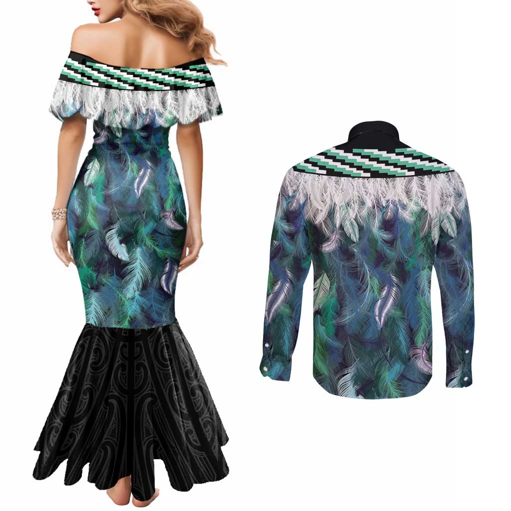 Aotearoa Korowai Motif Couples Matching Mermaid Dress and Long Sleeve Button Shirt Maori Wheku Poutama
