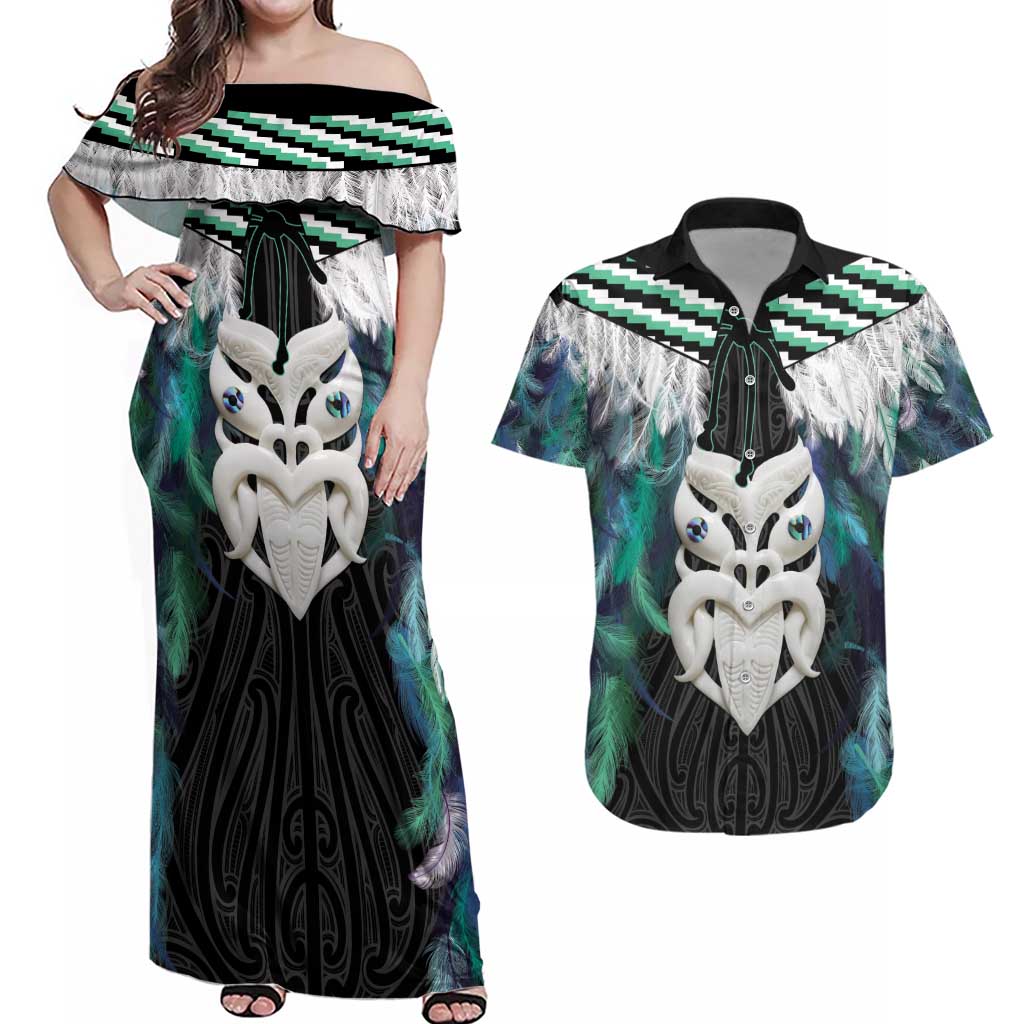 Aotearoa Korowai Motif Couples Matching Off Shoulder Maxi Dress and Hawaiian Shirt Maori Wheku Poutama