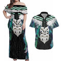 Aotearoa Korowai Motif Couples Matching Off Shoulder Maxi Dress and Hawaiian Shirt Maori Wheku Poutama