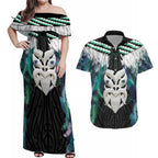 Aotearoa Korowai Motif Couples Matching Off Shoulder Maxi Dress and Hawaiian Shirt Maori Wheku Poutama