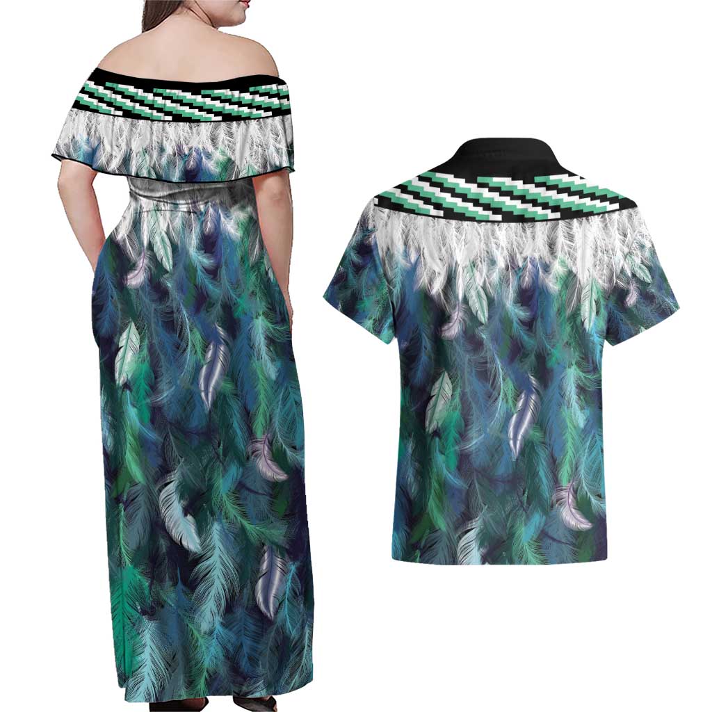 Aotearoa Korowai Motif Couples Matching Off Shoulder Maxi Dress and Hawaiian Shirt Maori Wheku Poutama