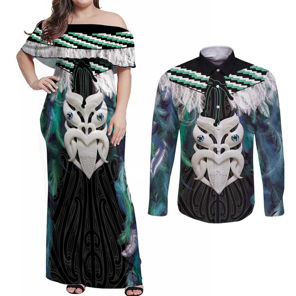 Aotearoa Korowai Motif Couples Matching Off Shoulder Maxi Dress and Long Sleeve Button Shirt Maori Wheku Poutama