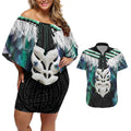 Aotearoa Korowai Motif Couples Matching Off Shoulder Short Dress and Hawaiian Shirt Maori Wheku Poutama