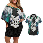 Aotearoa Korowai Motif Couples Matching Off Shoulder Short Dress and Hawaiian Shirt Maori Wheku Poutama