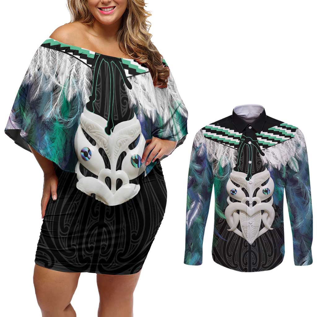 Aotearoa Korowai Motif Couples Matching Off Shoulder Short Dress and Long Sleeve Button Shirt Maori Wheku Poutama