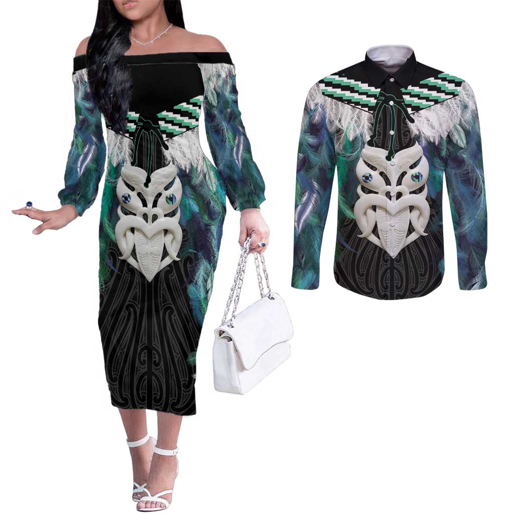 Aotearoa Korowai Motif Couples Matching Off The Shoulder Long Sleeve Dress and Long Sleeve Button Shirt Maori Wheku Poutama