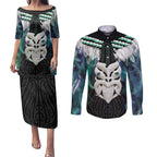 Aotearoa Korowai Motif Couples Matching Puletasi and Long Sleeve Button Shirt Maori Wheku Poutama