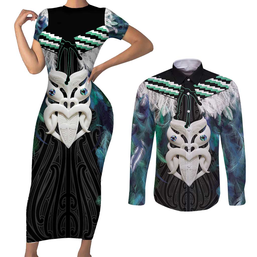 Aotearoa Korowai Motif Couples Matching Short Sleeve Bodycon Dress and Long Sleeve Button Shirt Maori Wheku Poutama