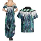 Aotearoa Korowai Motif Couples Matching Summer Maxi Dress and Hawaiian Shirt Maori Wheku Poutama