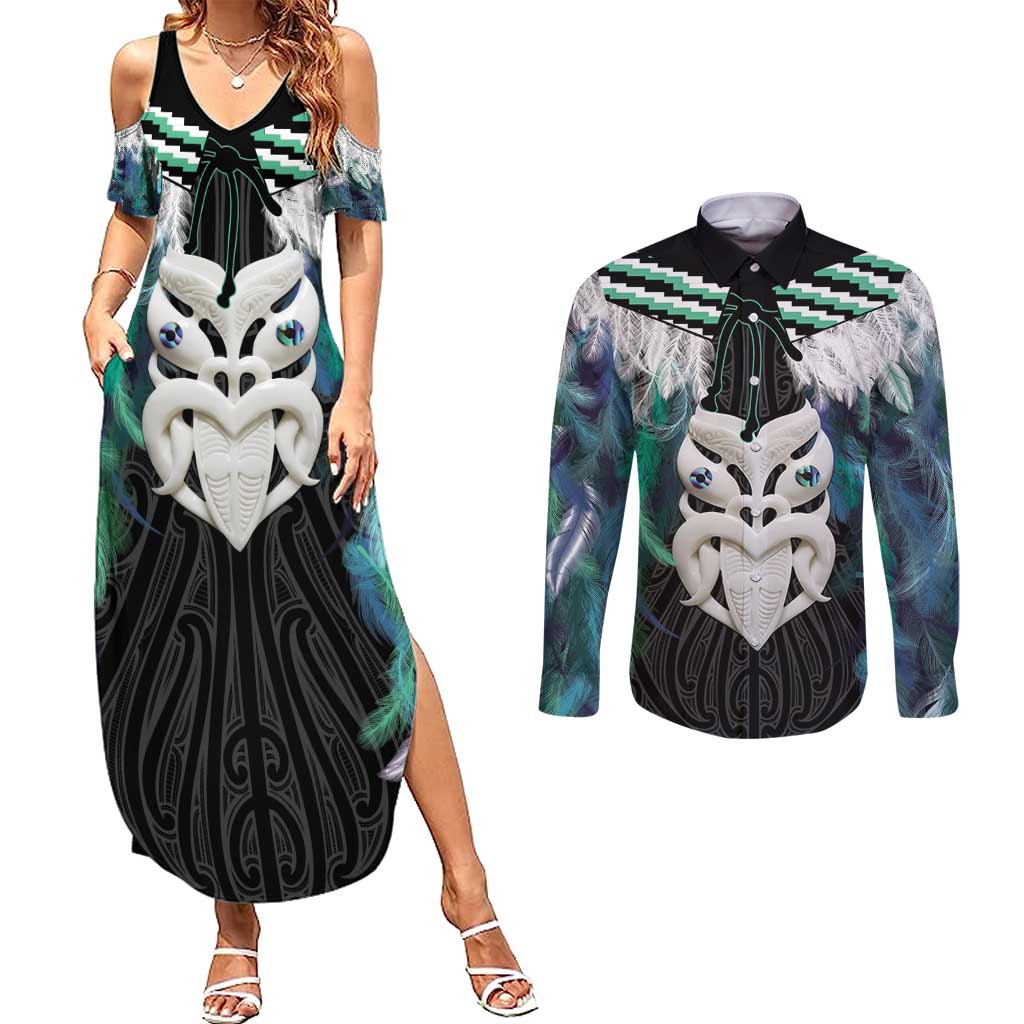 Aotearoa Korowai Motif Couples Matching Summer Maxi Dress and Long Sleeve Button Shirt Maori Wheku Poutama