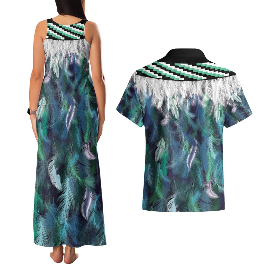 Aotearoa Korowai Motif Couples Matching Tank Maxi Dress and Hawaiian Shirt Maori Wheku Poutama