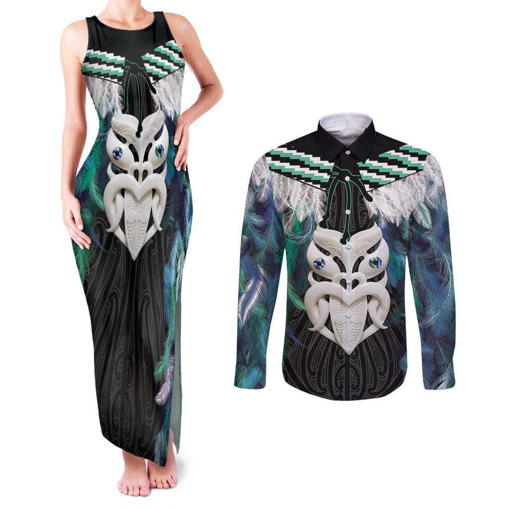 Aotearoa Korowai Motif Couples Matching Tank Maxi Dress and Long Sleeve Button Shirt Maori Wheku Poutama