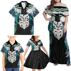Aotearoa Korowai Motif Family Matching Off Shoulder Maxi Dress and Hawaiian Shirt Maori Wheku Poutama