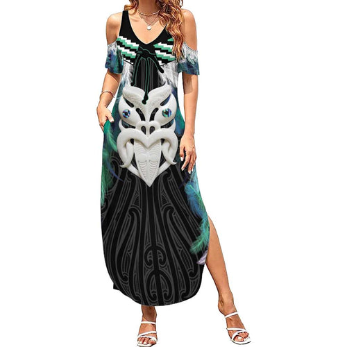 Aotearoa Korowai Motif Family Matching Summer Maxi Dress and Hawaiian Shirt Maori Wheku Poutama