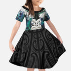 Aotearoa Korowai Motif Kid Short Sleeve Dress Maori Wheku Poutama