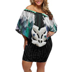 Aotearoa Korowai Motif Off Shoulder Short Dress Maori Wheku Poutama