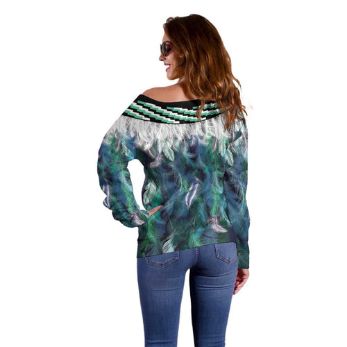 Aotearoa Korowai Motif Off Shoulder Sweater Maori Wheku Poutama