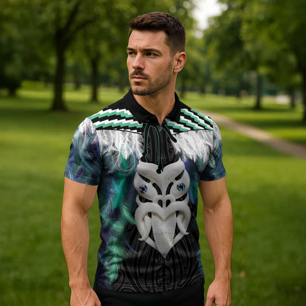 Aotearoa Korowai Motif Zipper Polo Shirt Maori Wheku Poutama - Aussie Hoodie