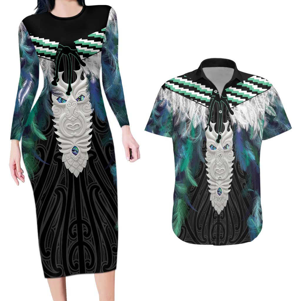 Aotearoa Korowai Motif Couples Matching Long Sleeve Bodycon Dress and Hawaiian Shirt Maori Tane Poutama