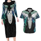 Aotearoa Korowai Motif Couples Matching Long Sleeve Bodycon Dress and Hawaiian Shirt Maori Tane Poutama