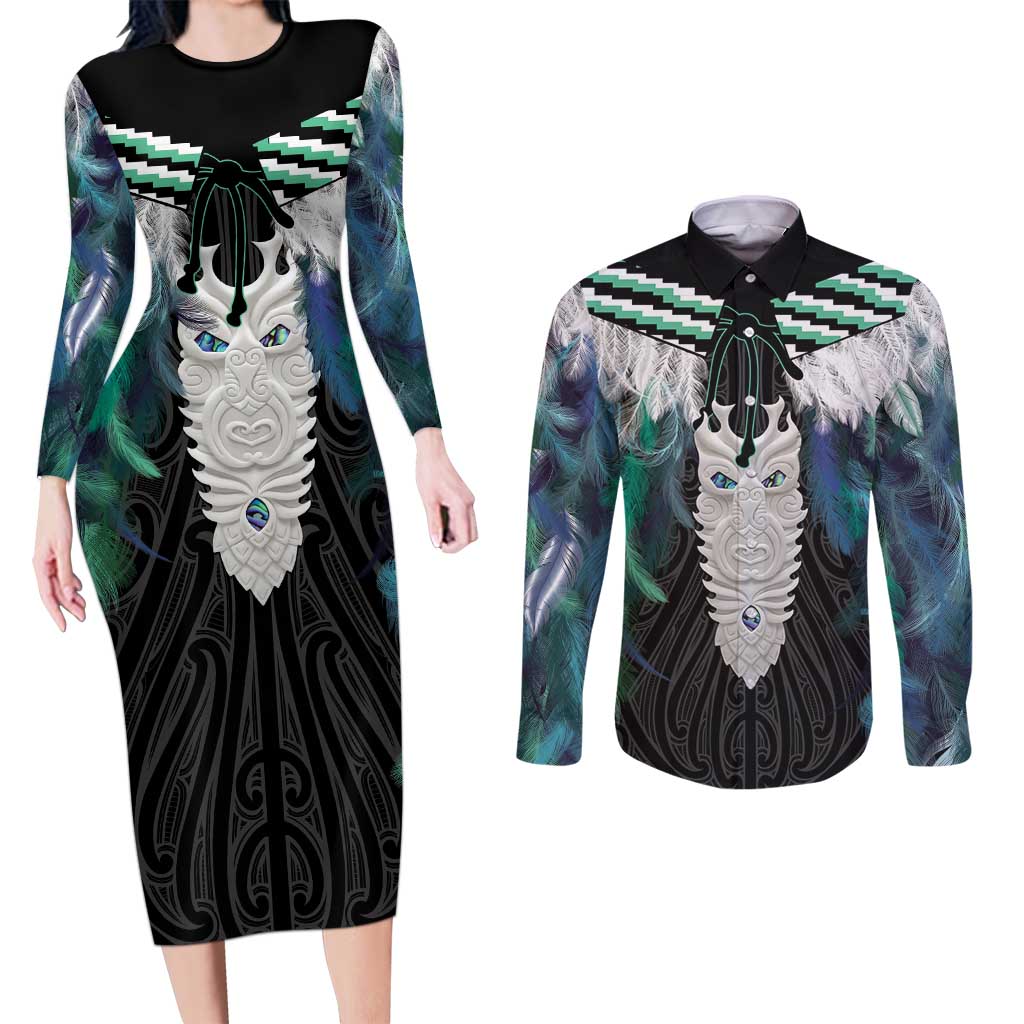 Aotearoa Korowai Motif Couples Matching Long Sleeve Bodycon Dress and Long Sleeve Button Shirt Maori Tane Poutama