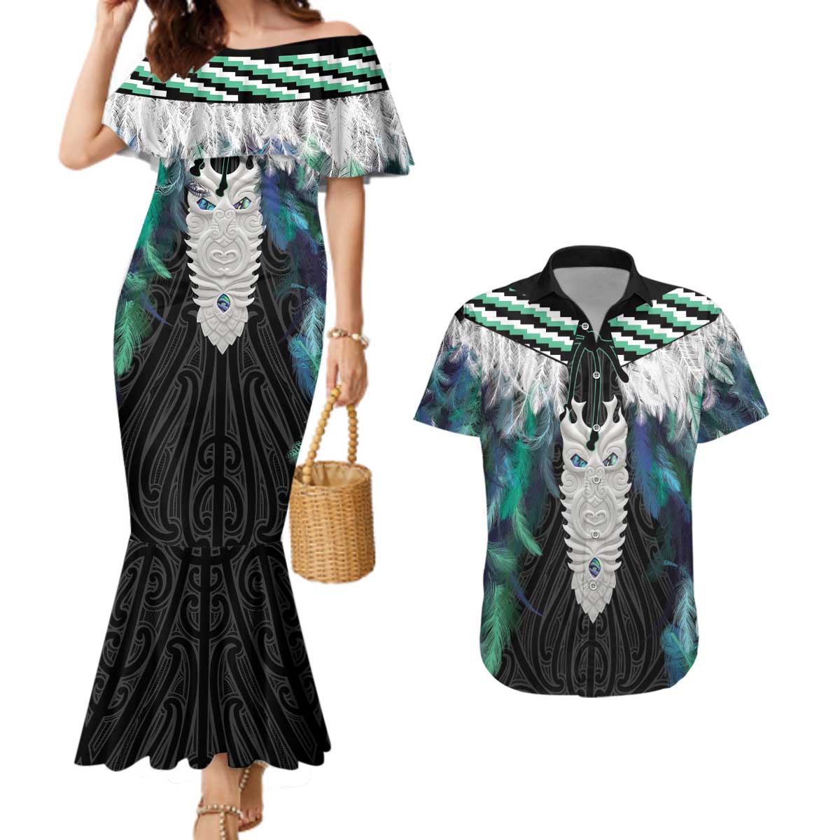Aotearoa Korowai Motif Couples Matching Mermaid Dress and Hawaiian Shirt Maori Tane Poutama