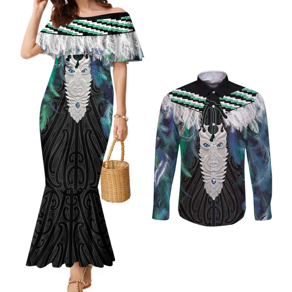 Aotearoa Korowai Motif Couples Matching Mermaid Dress and Long Sleeve Button Shirt Maori Tane Poutama
