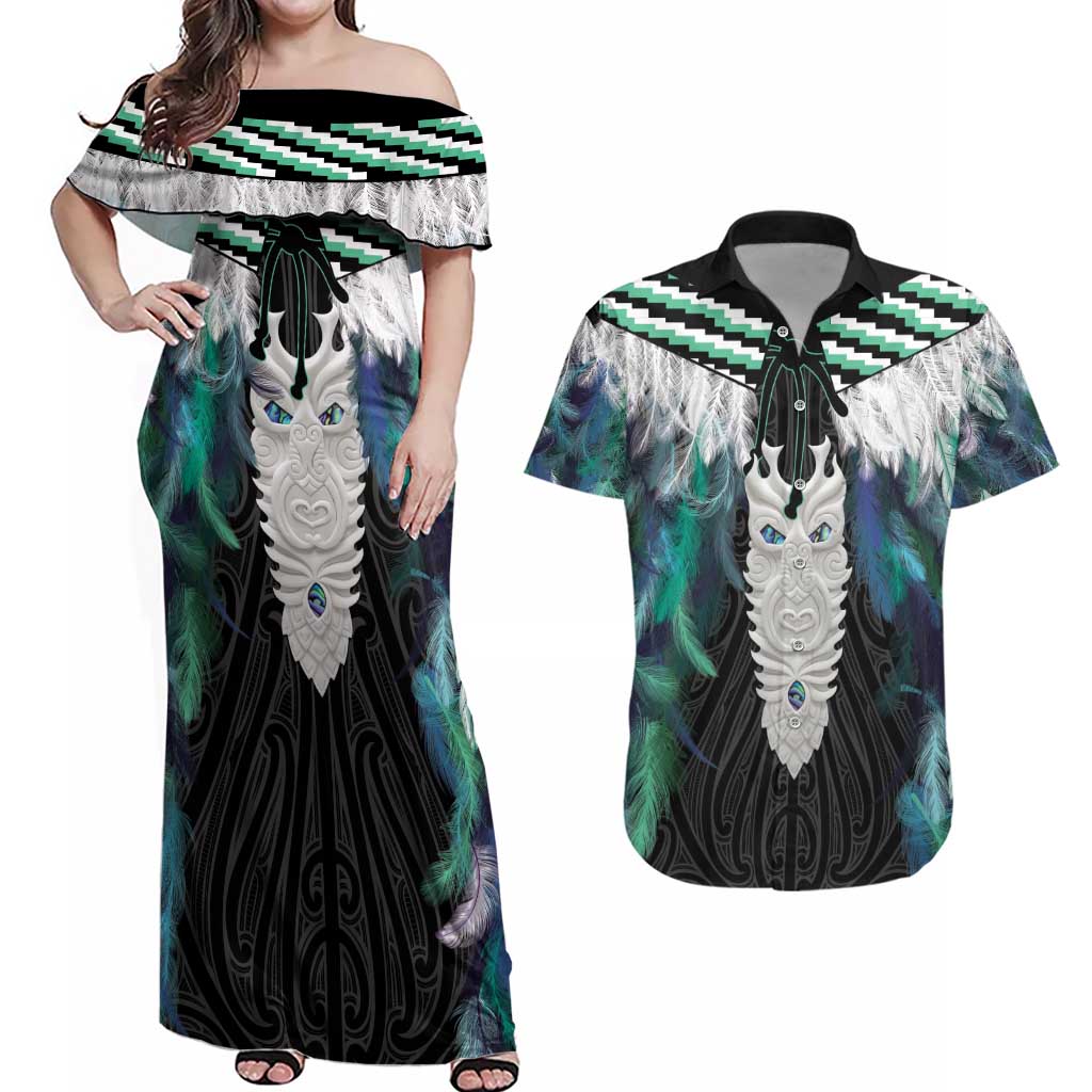 Aotearoa Korowai Motif Couples Matching Off Shoulder Maxi Dress and Hawaiian Shirt Maori Tane Poutama