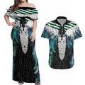 Aotearoa Korowai Motif Couples Matching Off Shoulder Maxi Dress and Hawaiian Shirt Maori Tane Poutama