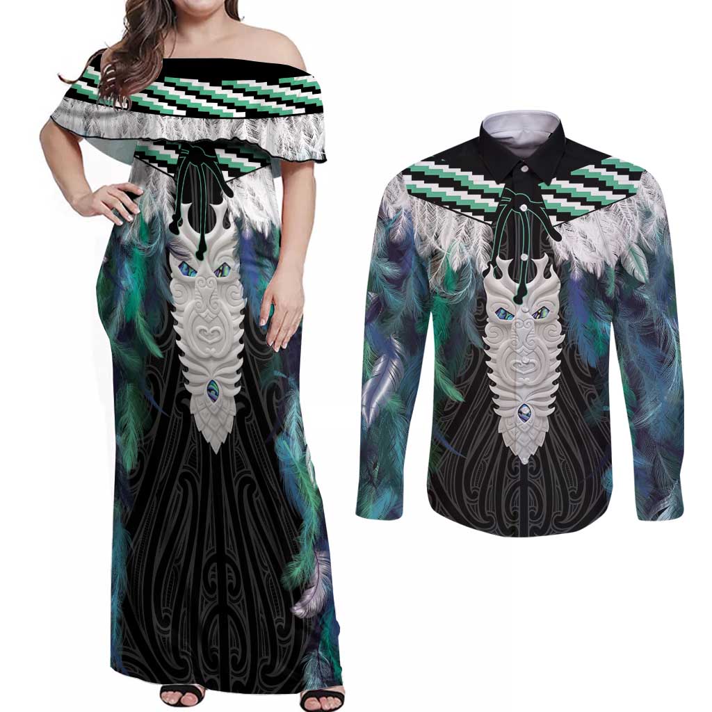 Aotearoa Korowai Motif Couples Matching Off Shoulder Maxi Dress and Long Sleeve Button Shirt Maori Tane Poutama