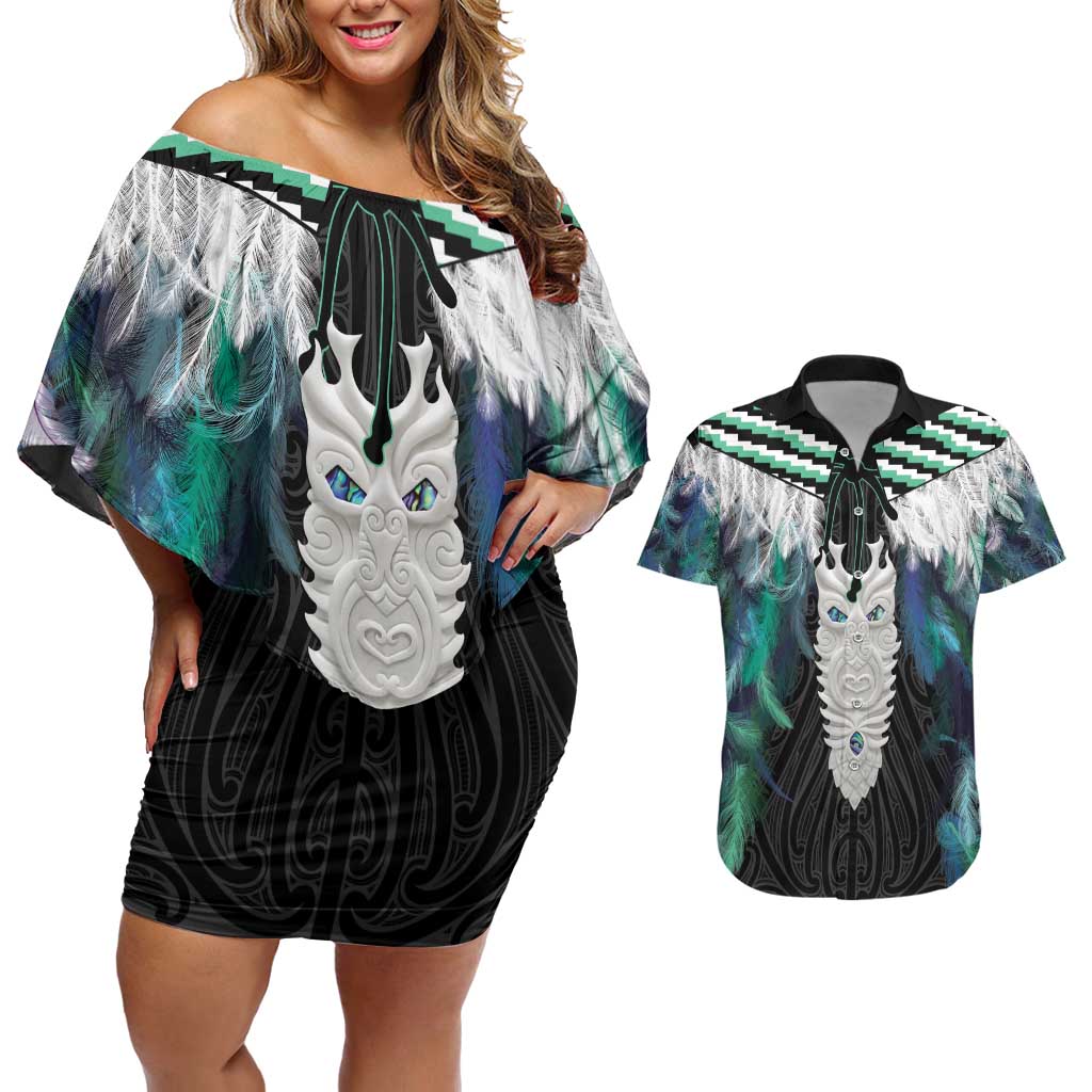 Aotearoa Korowai Motif Couples Matching Off Shoulder Short Dress and Hawaiian Shirt Maori Tane Poutama