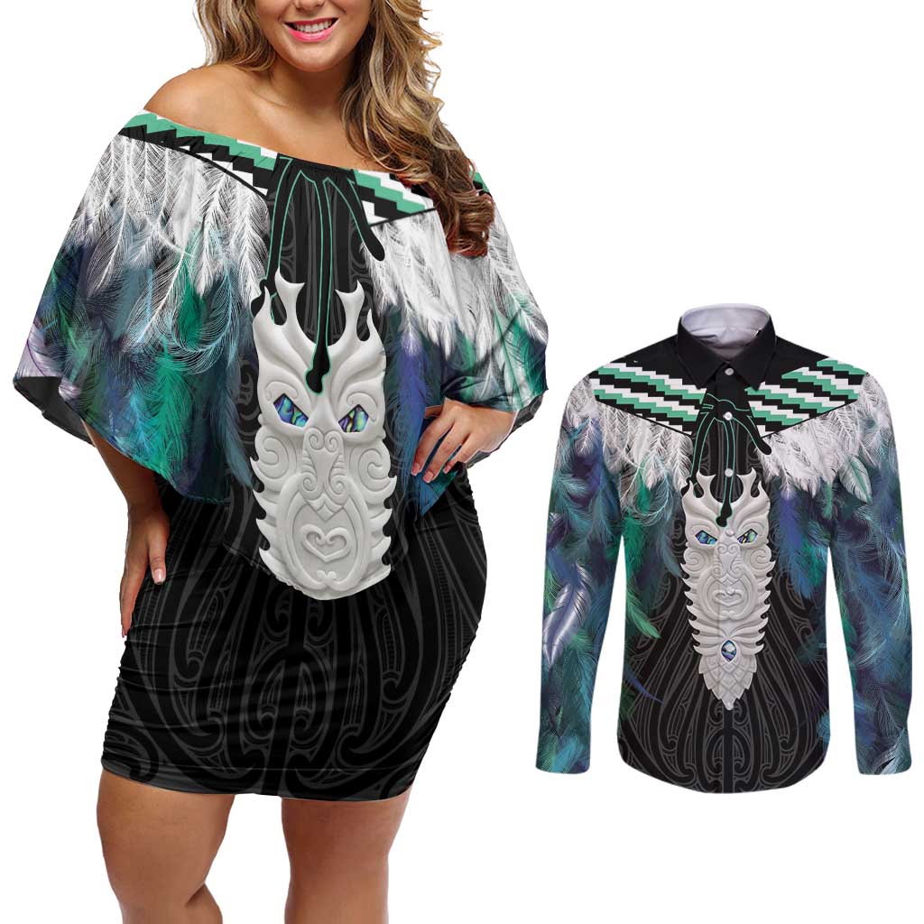 Aotearoa Korowai Motif Couples Matching Off Shoulder Short Dress and Long Sleeve Button Shirt Maori Tane Poutama