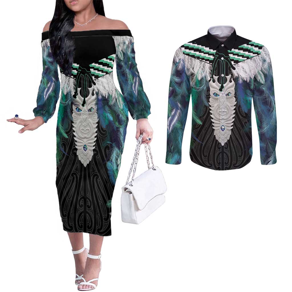 Aotearoa Korowai Motif Couples Matching Off The Shoulder Long Sleeve Dress and Long Sleeve Button Shirt Maori Tane Poutama