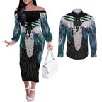 Aotearoa Korowai Motif Couples Matching Off The Shoulder Long Sleeve Dress and Long Sleeve Button Shirt Maori Tane Poutama