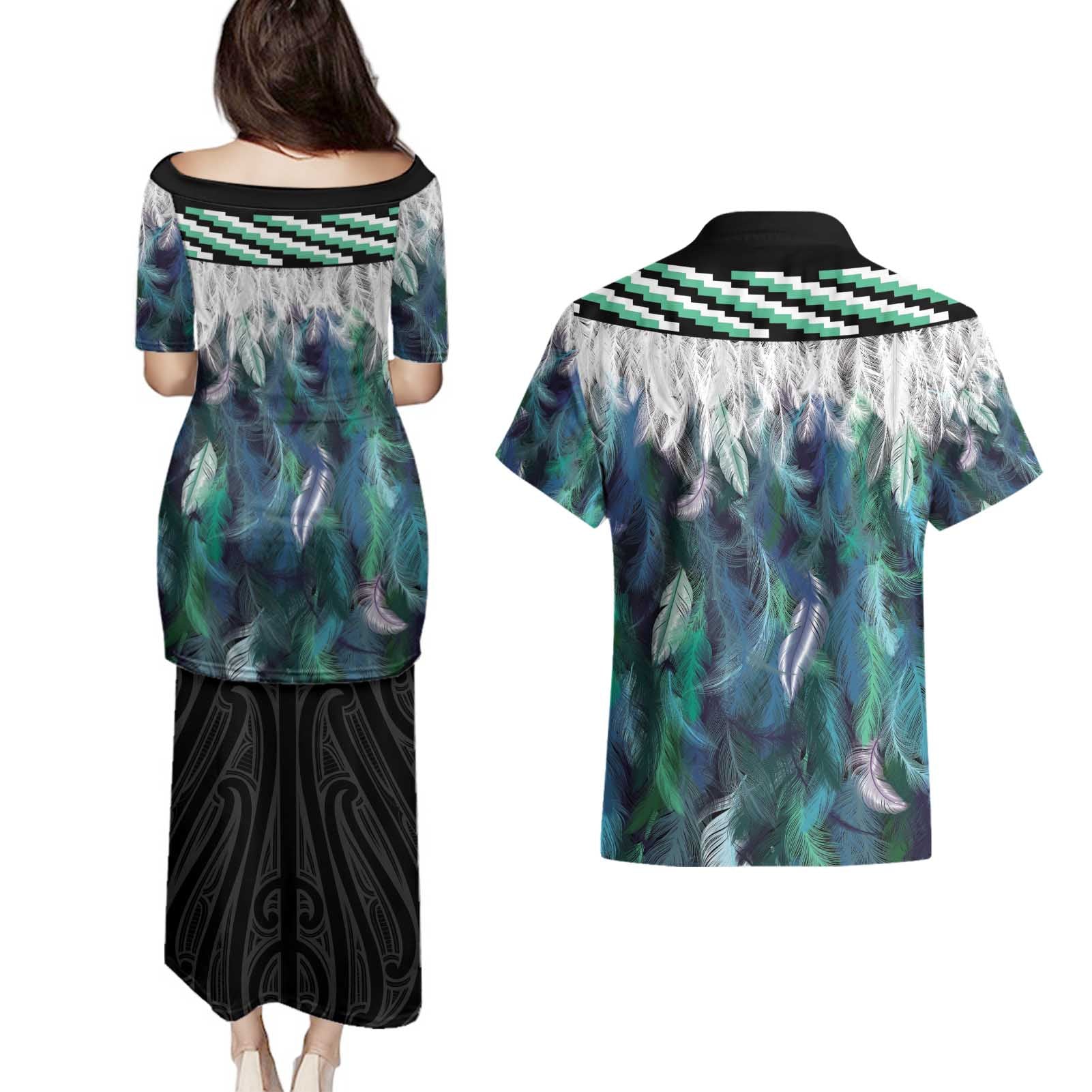 Aotearoa Korowai Motif Couples Matching Puletasi and Hawaiian Shirt Maori Tane Poutama