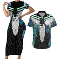 Aotearoa Korowai Motif Couples Matching Short Sleeve Bodycon Dress and Hawaiian Shirt Maori Tane Poutama