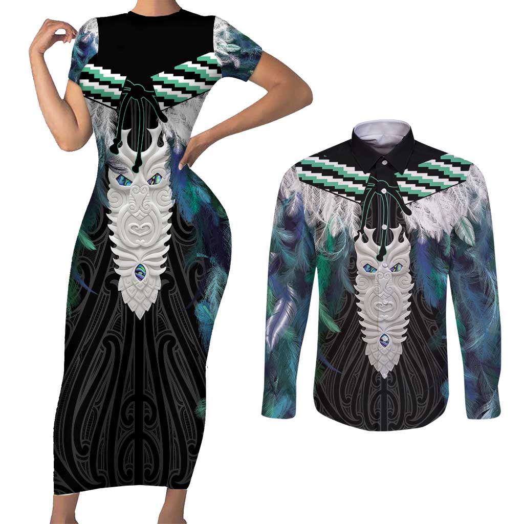 Aotearoa Korowai Motif Couples Matching Short Sleeve Bodycon Dress and Long Sleeve Button Shirt Maori Tane Poutama